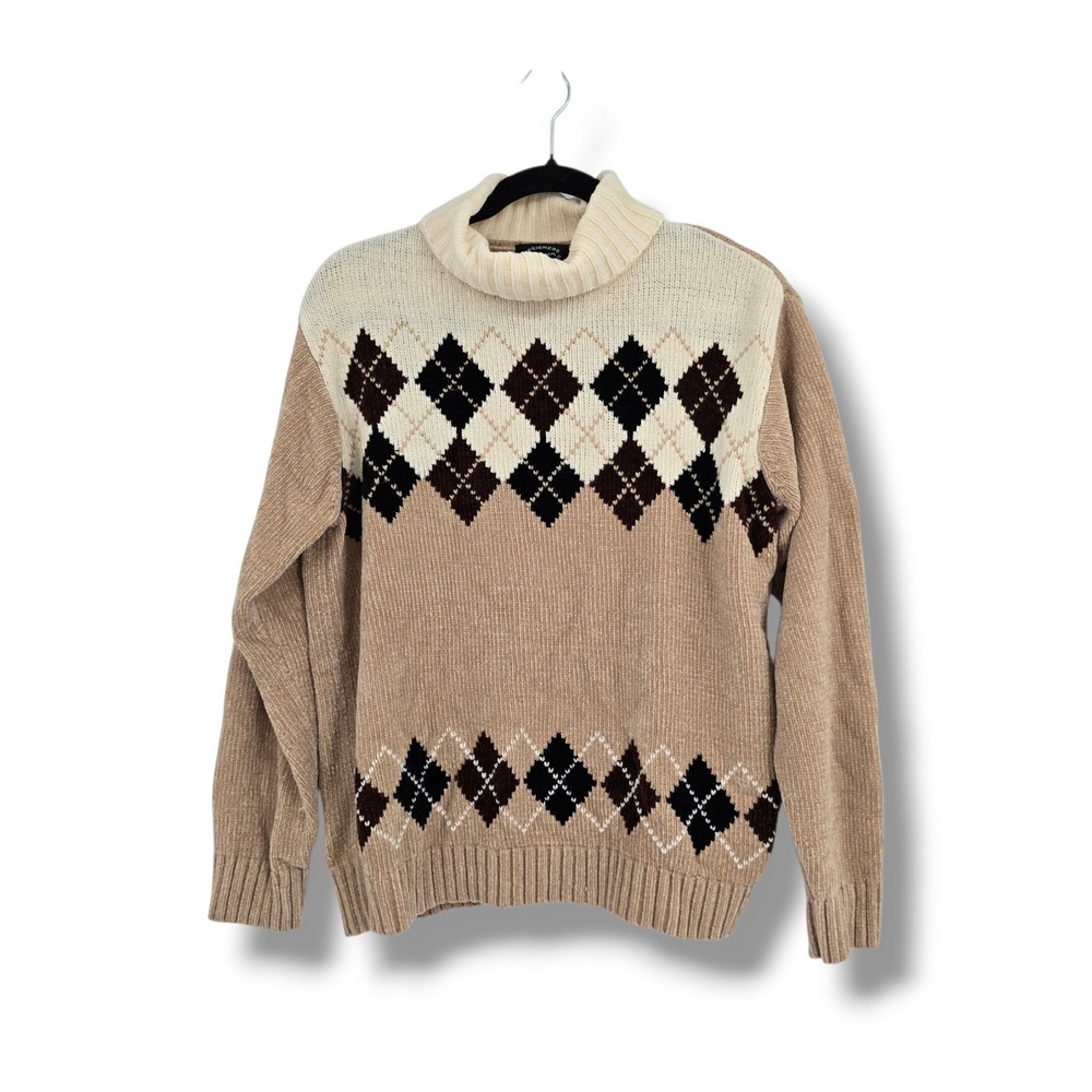 Designers Studio Originals Tan Argyle Chenille Turtleneck Sweater Large